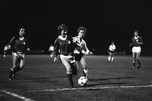 Action scene with German player Doris Kresimon, right, and an unidentified Swiss player during the West German national women's soccer team first official match against Switzerland on Wednesday, November 10, 1982 in Koblenz, Germany. (AP Photo) Action scene with German player Doris Kresimon, right, and an unidentified Swiss player during the West German national women's soccer team first official match against Switzerland on Wednesday, November 10, 1982 in Koblenz, Germany. (AP Photo)