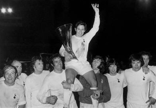 Spurs' captain Allan Mullery lifting the UEFA Cup, celebrating their victory in 1972 Spurs' captain Allan Mullery lifting the UEFA Cup, celebrating their victory in 1972