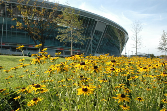 The outside of Donbass Arena, beautifully landscaped. The outside of Donbass Arena, beautifully landscaped.